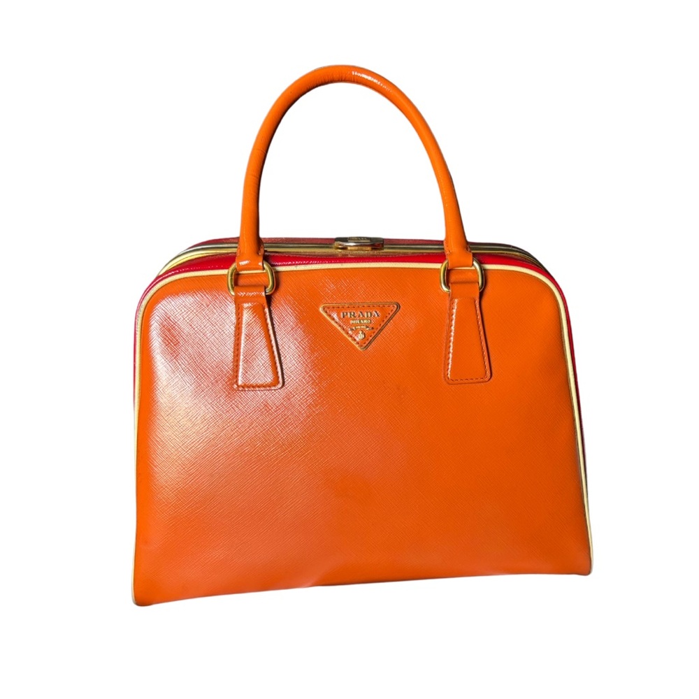 PRADA | RARE Limited Edition Papaya and Rosso Saffiano Vernice Pyramid Frame Bag